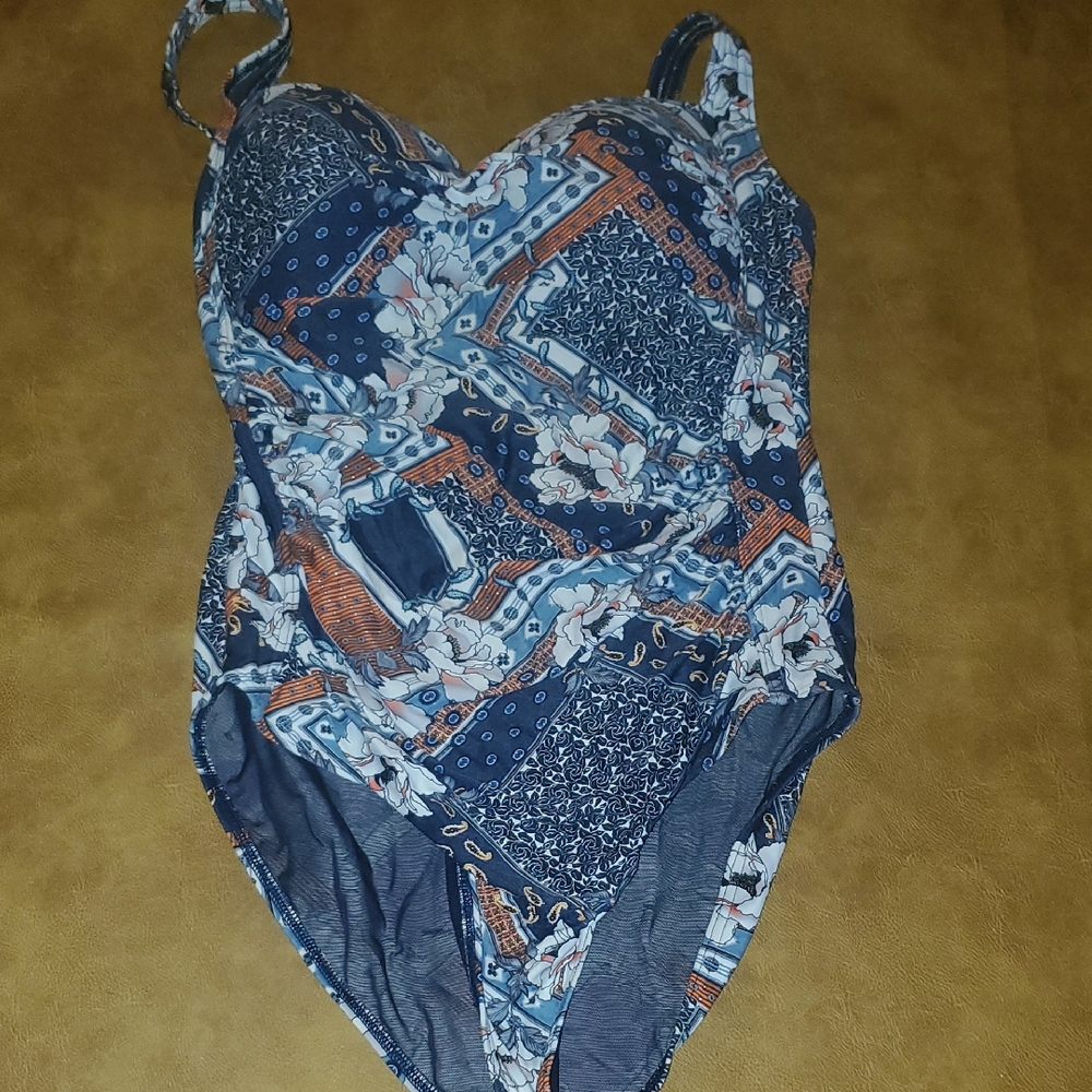 Womens Sea Level Blue and Orange Patterned Swimsuit
